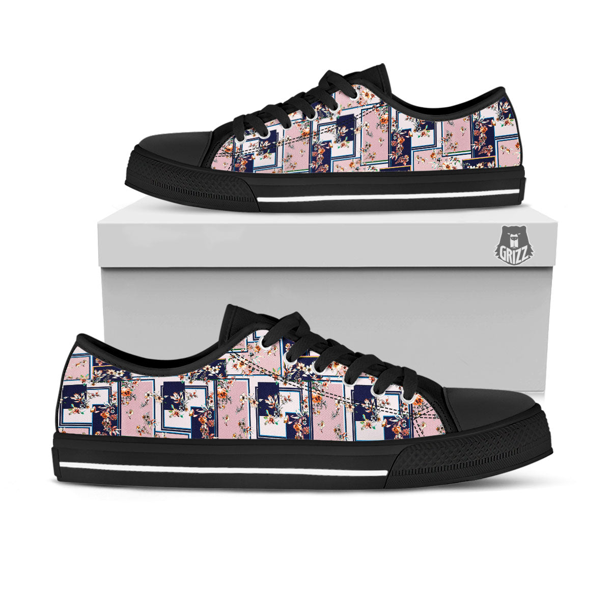Patchwork Flower Vintage Print Pattern Black Low Top Shoes-grizzshop