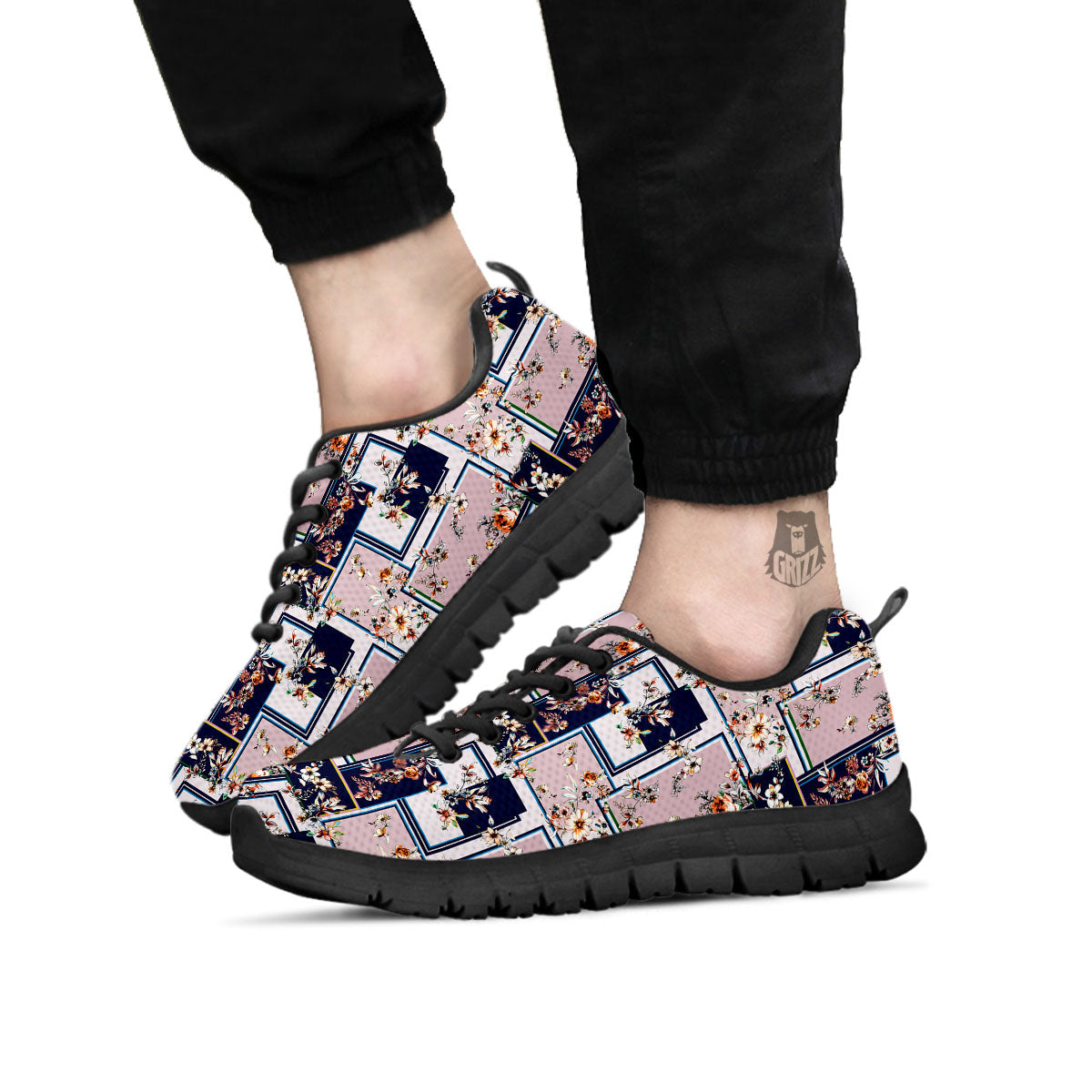 Patchwork Flower Vintage Print Pattern Black Sneaker-grizzshop