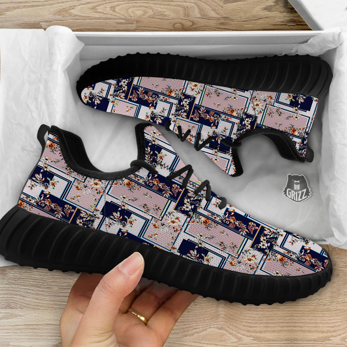 Patchwork Flower Vintage Print Pattern Black Walking Shoes-grizzshop