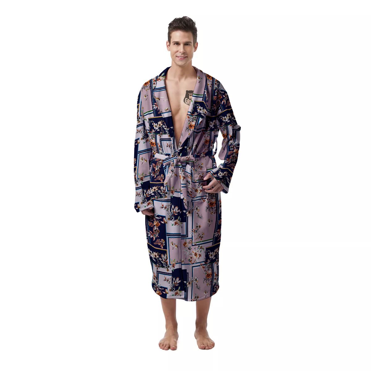 Patchwork Flower Vintage Print Pattern Men's Robe-grizzshop