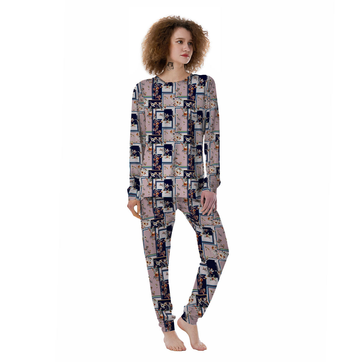 Patchwork Flower Vintage Print Pattern Women's Pajamas-grizzshop