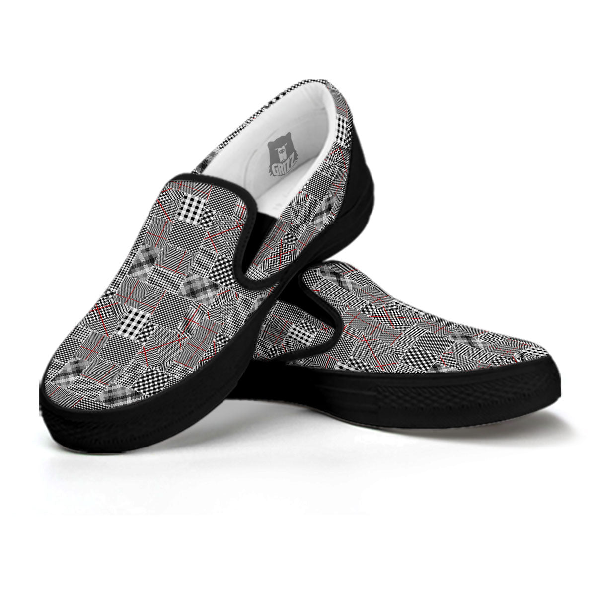 Patchwork Glen Plaid Print Pattern Black Slip On Shoes-grizzshop