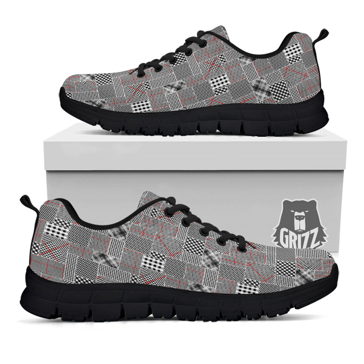 Patchwork Glen Plaid Print Pattern Black Sneaker-grizzshop