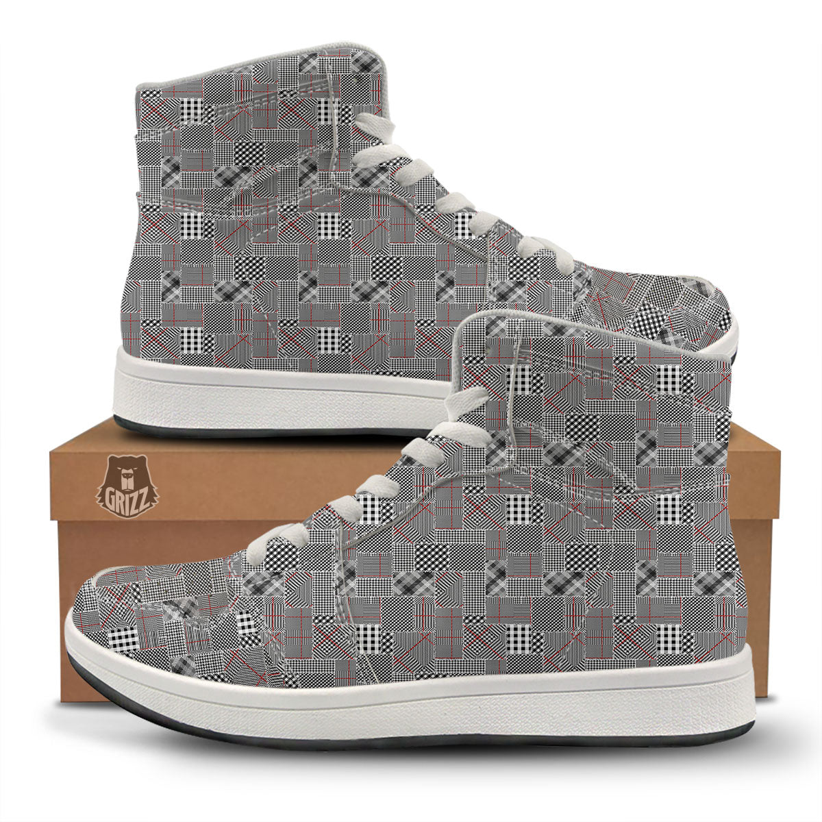 Patchwork Glen Plaid Print Pattern High Top Sneakers-grizzshop