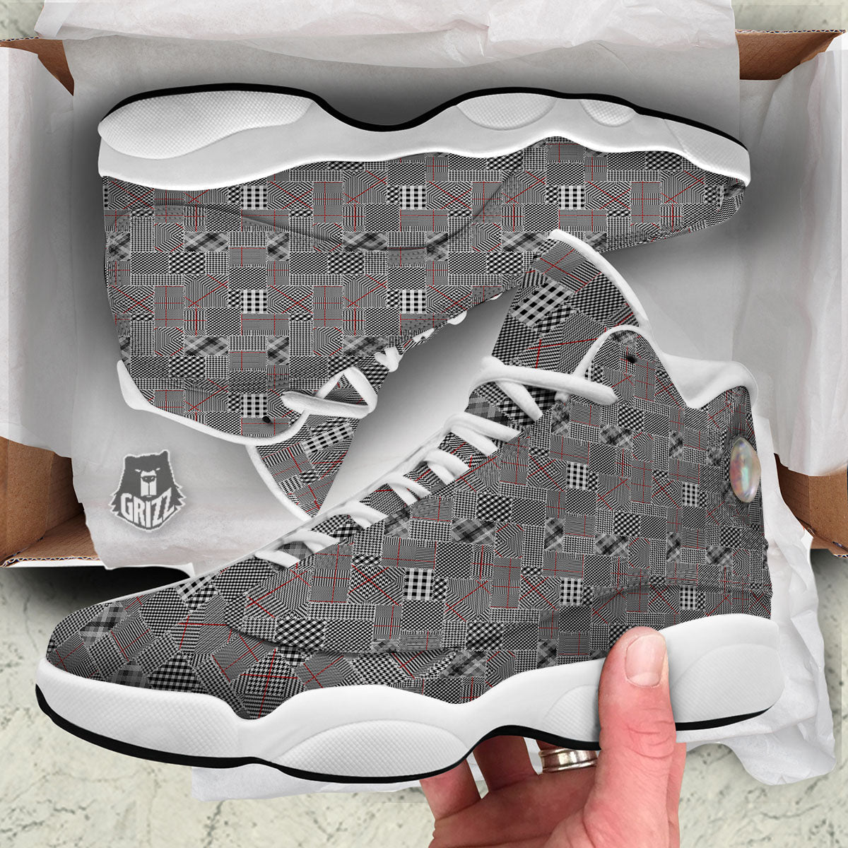 Patchwork Glen Plaid Print Pattern White Basketball Shoes-grizzshop