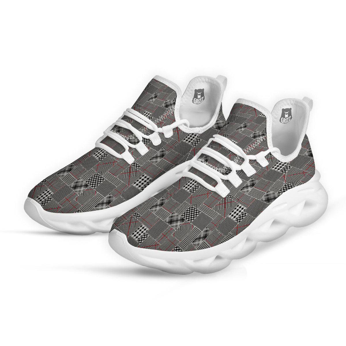 Patchwork Glen Plaid Print Pattern White Running Shoes-grizzshop