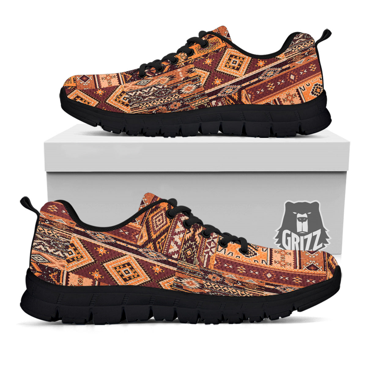 Patchwork Grunge Native American Print Pattern Black Sneaker-grizzshop