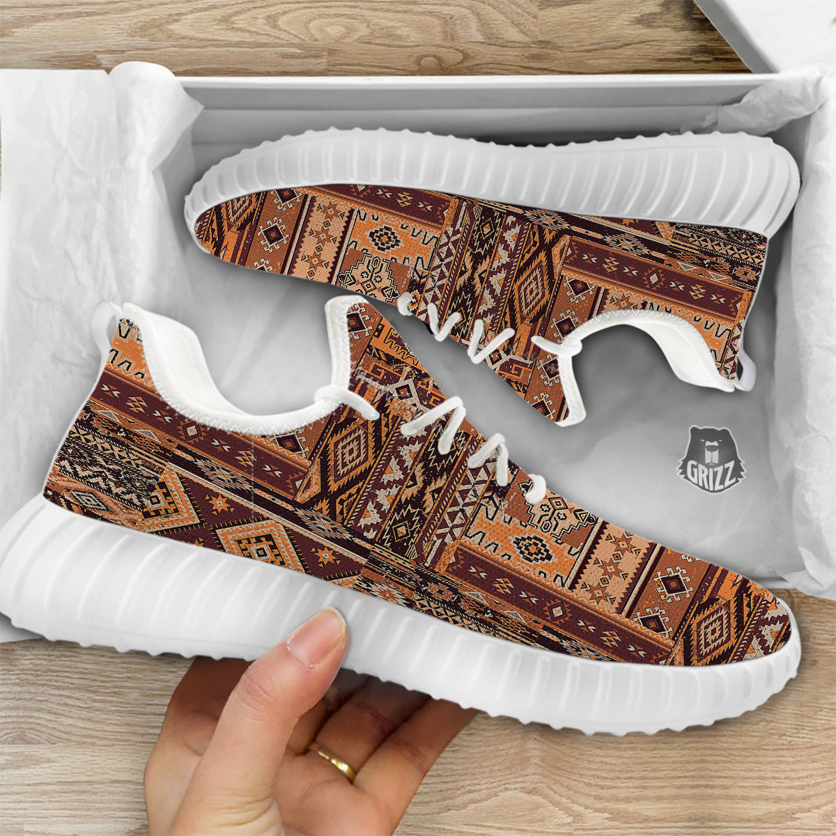 Patchwork Grunge Native American Print Pattern White Walking Shoes-grizzshop