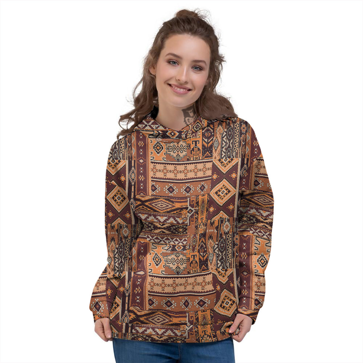 Patchwork Grunge Native American Print Pattern Women's Hoodie-grizzshop