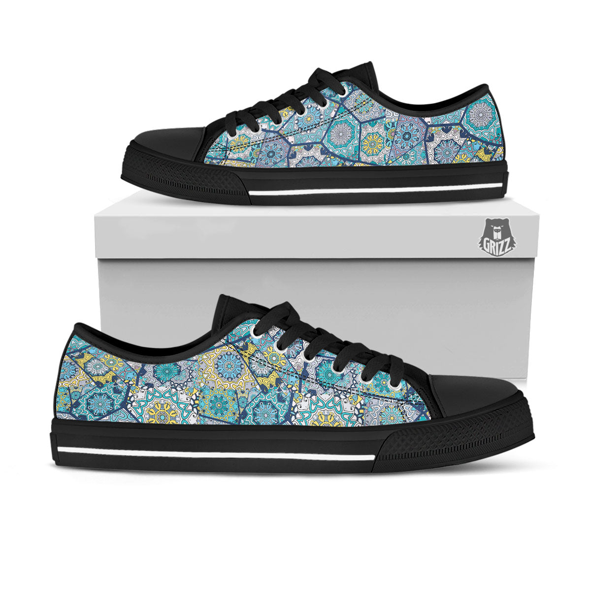 Patchwork Indian Floral Print Pattern Black Low Top Shoes-grizzshop