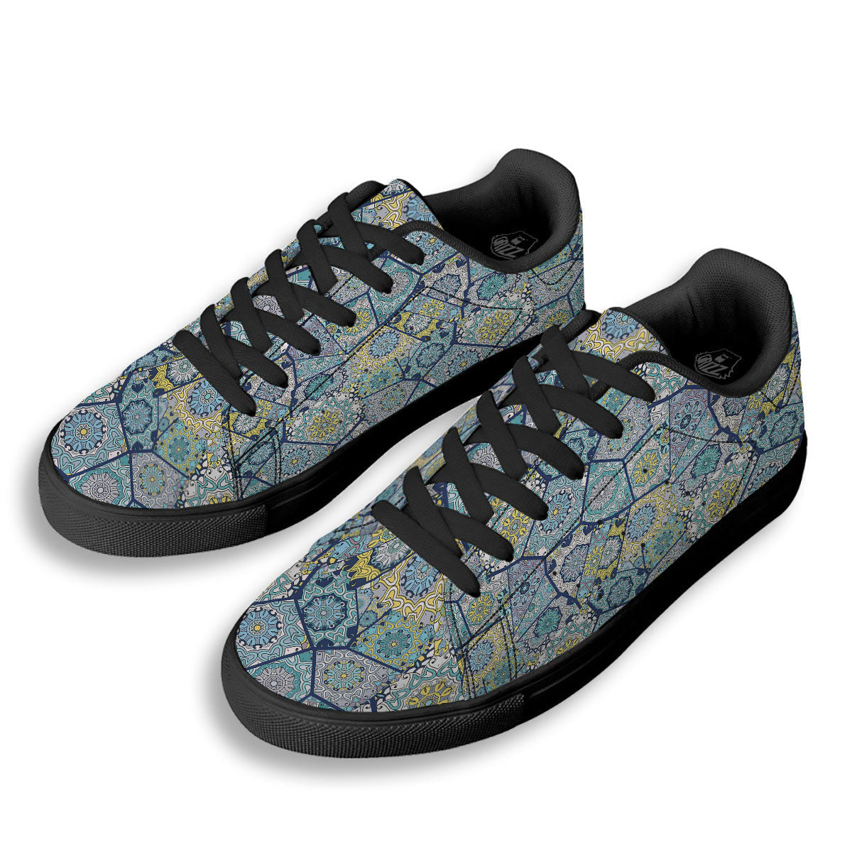 Patchwork Indian Floral Print Pattern Black Low Top Sneakers-grizzshop