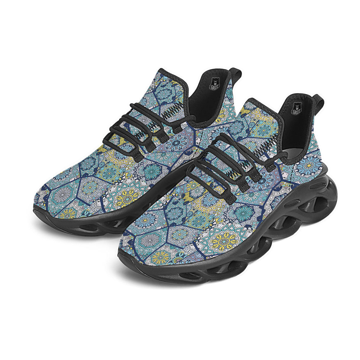 Patchwork Indian Floral Print Pattern Black Running Shoes-grizzshop
