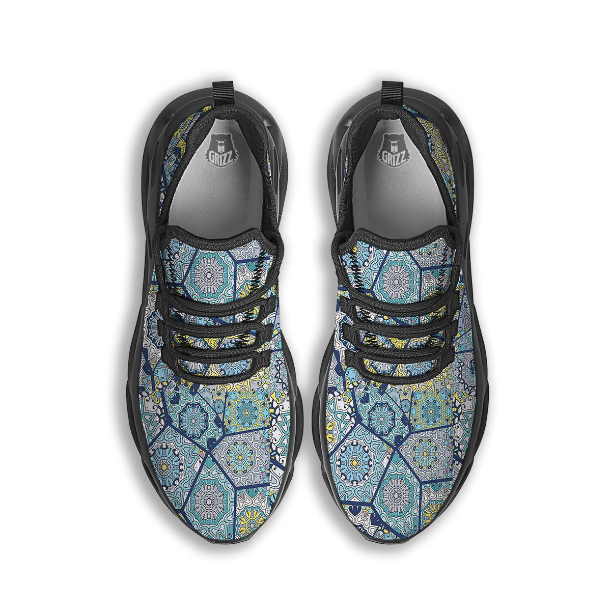 Patchwork Indian Floral Print Pattern Black Running Shoes-grizzshop