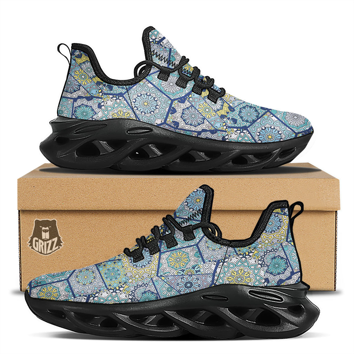 Patchwork Indian Floral Print Pattern Black Running Shoes-grizzshop