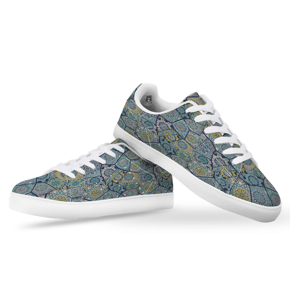 Patchwork Indian Floral Print Pattern White Low Top Sneakers-grizzshop