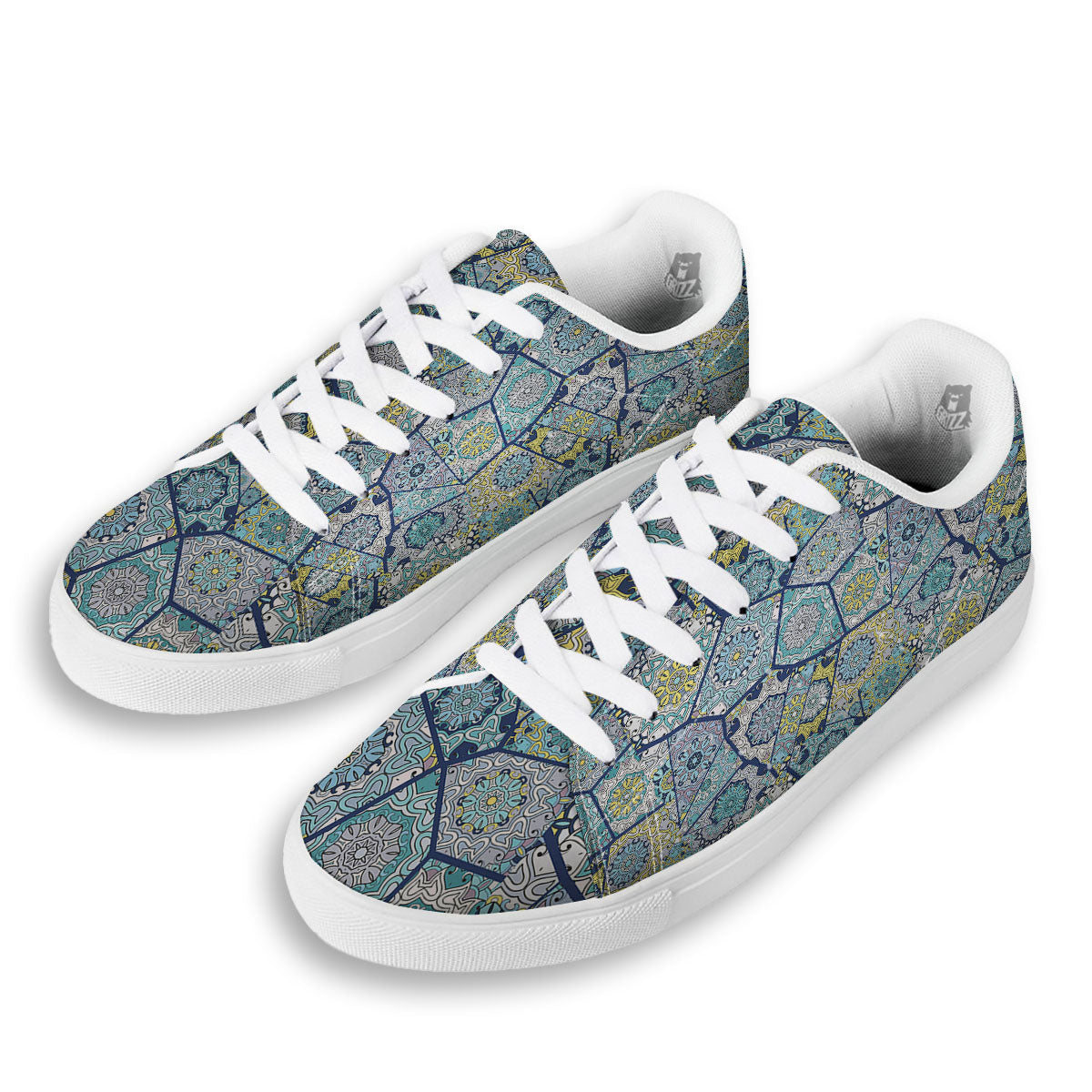Patchwork Indian Floral Print Pattern White Low Top Sneakers-grizzshop