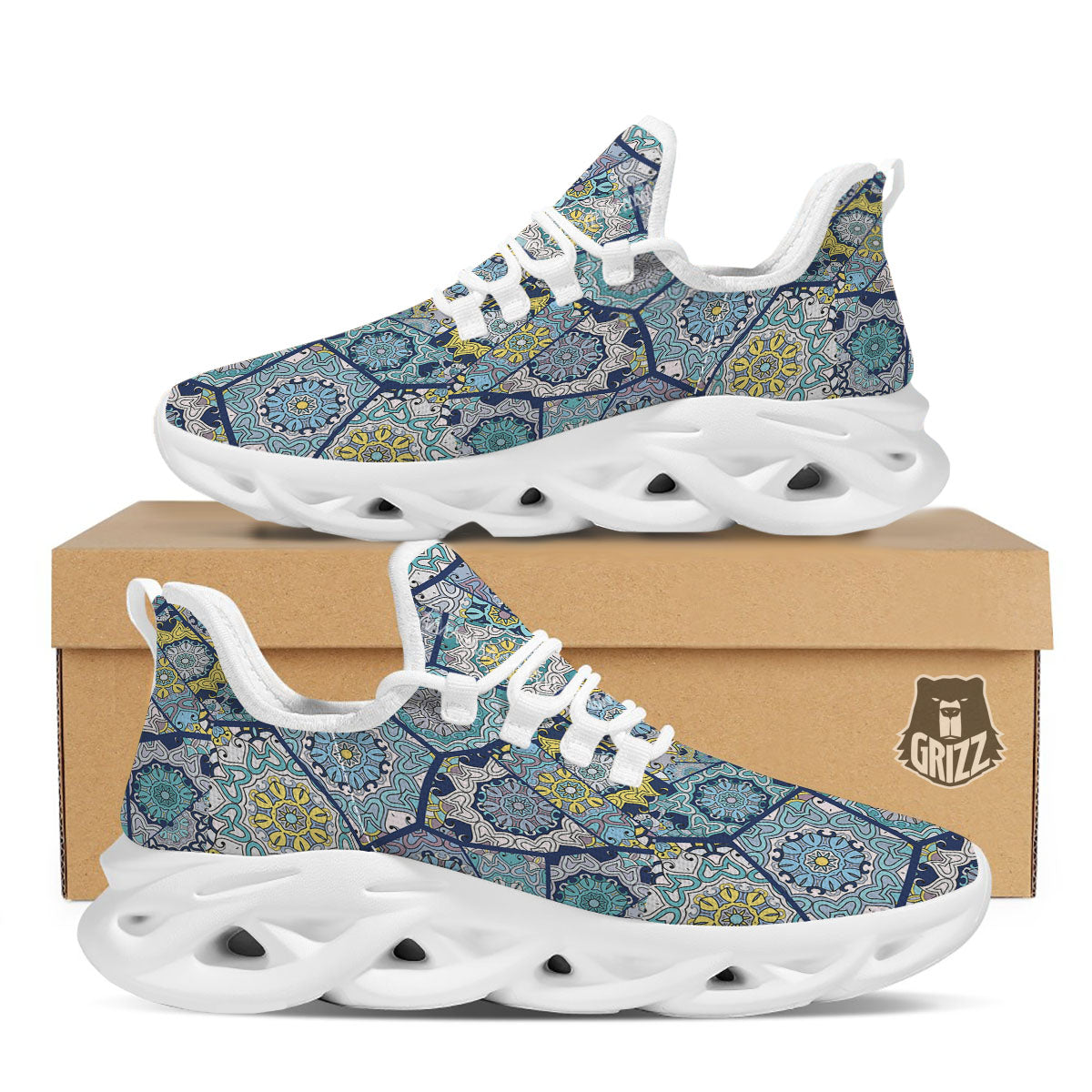 Patchwork Indian Floral Print Pattern White Running Shoes-grizzshop