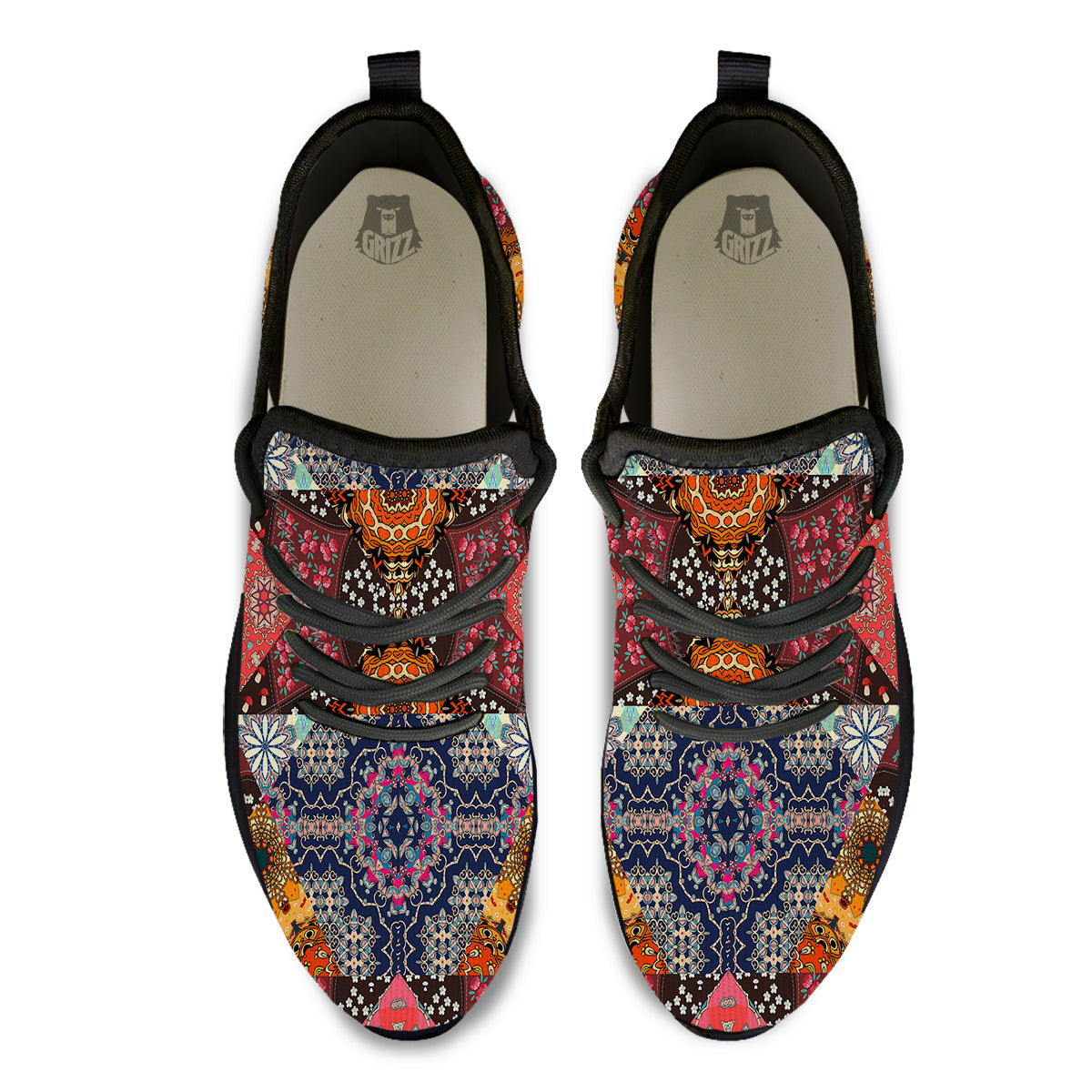 Patchwork Indian Flower Mandala Print Pattern Black Athletic Shoes-grizzshop