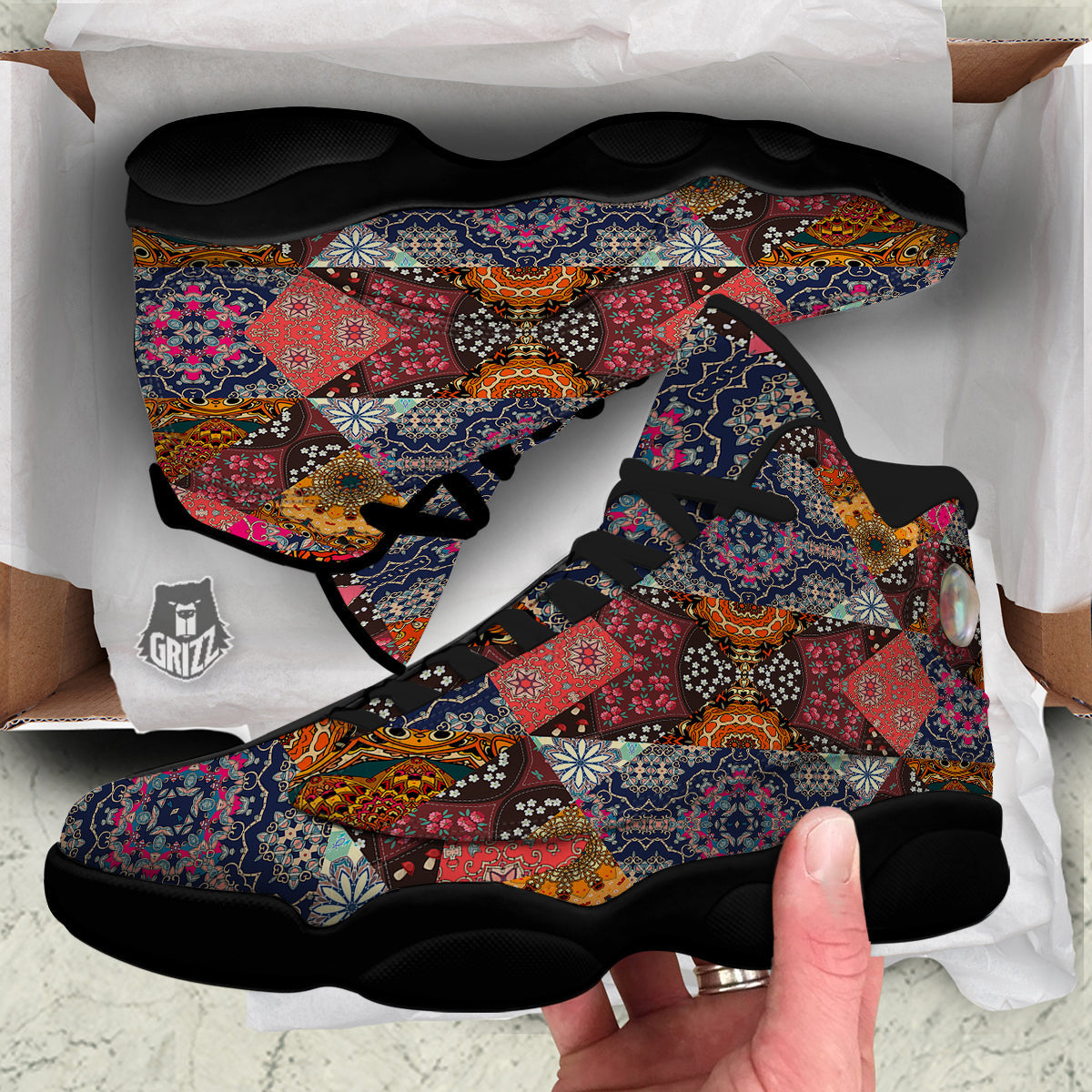 Patchwork Indian Flower Mandala Print Pattern Black Basketball Shoes-grizzshop