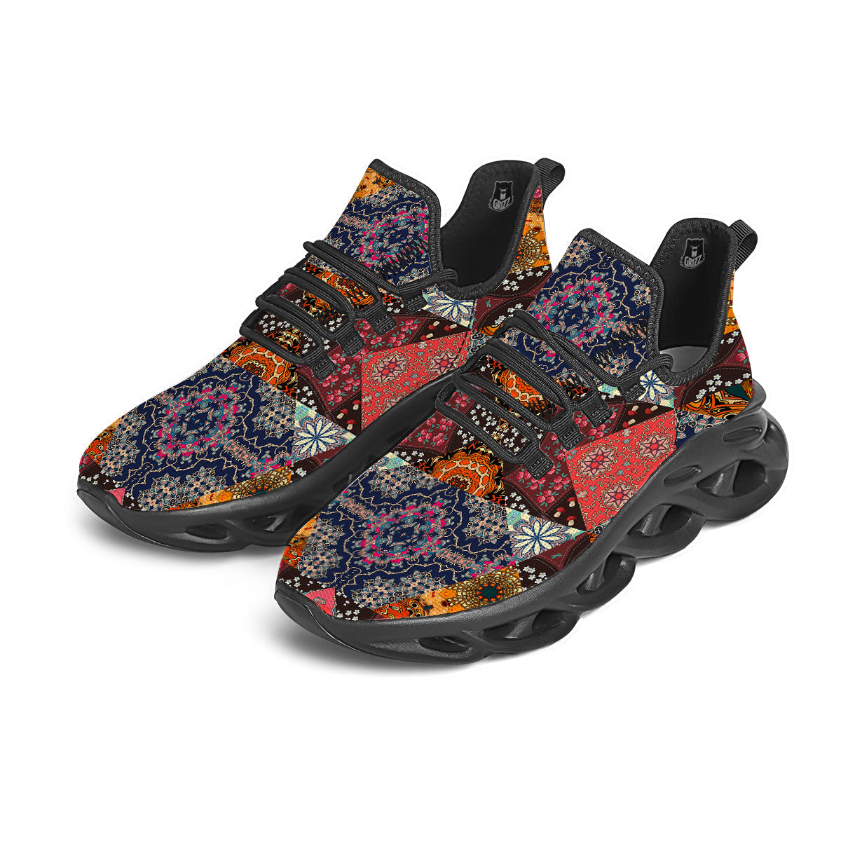 Patchwork Indian Flower Mandala Print Pattern Black Running Shoes-grizzshop