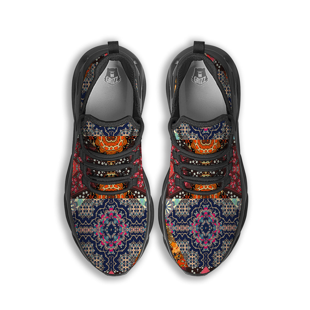Patchwork Indian Flower Mandala Print Pattern Black Running Shoes-grizzshop