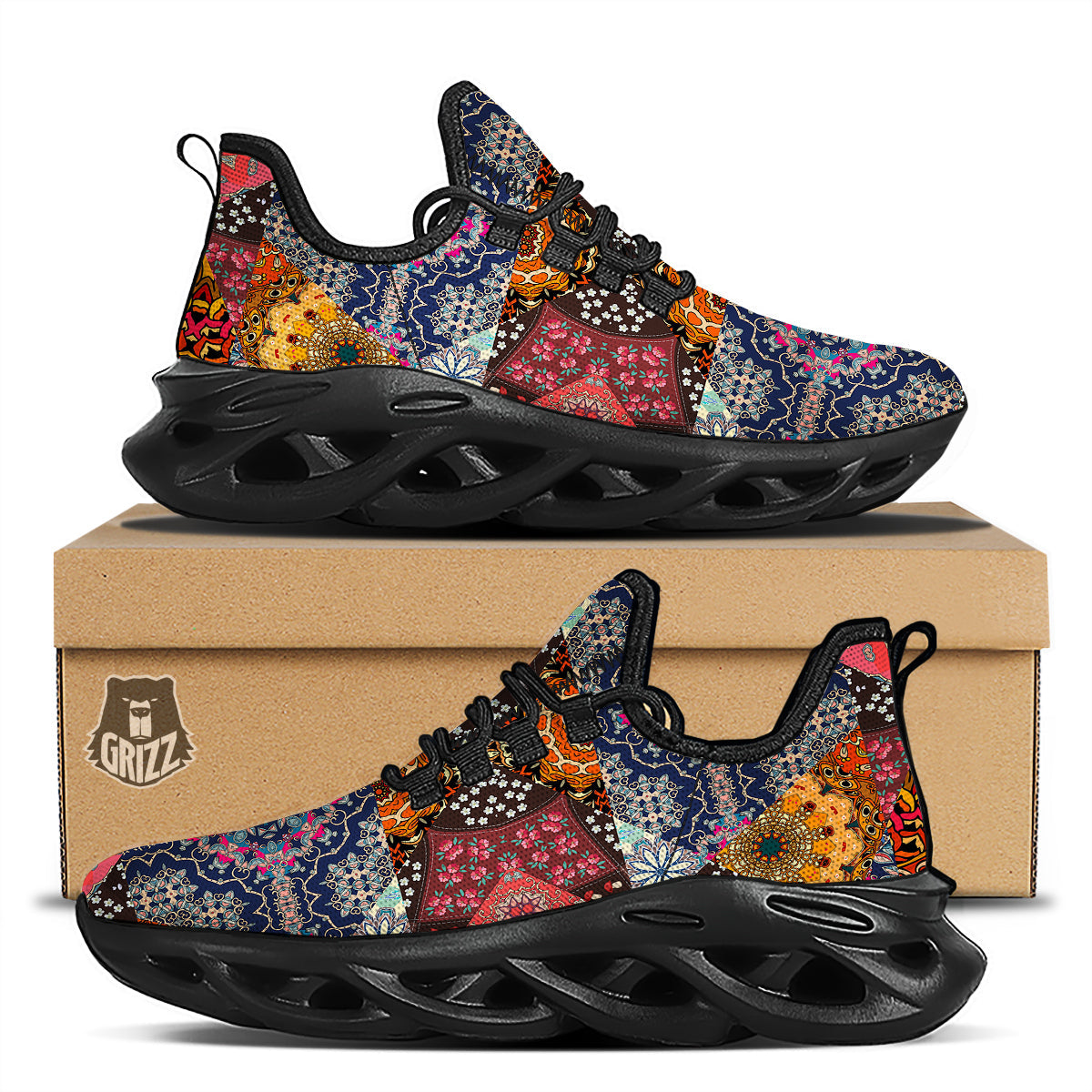 Patchwork Indian Flower Mandala Print Pattern Black Running Shoes-grizzshop
