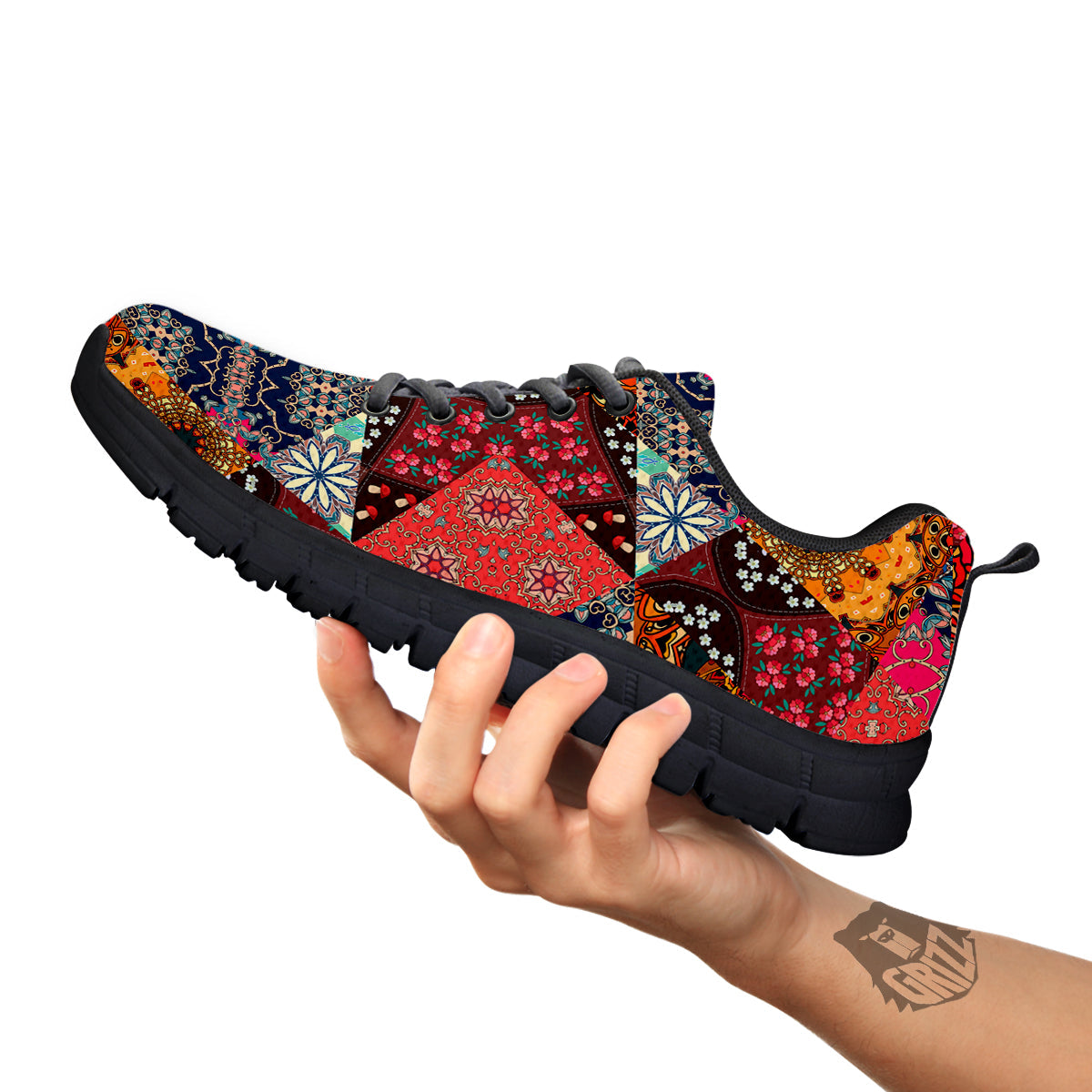 Patchwork Indian Flower Mandala Print Pattern Black Sneaker-grizzshop