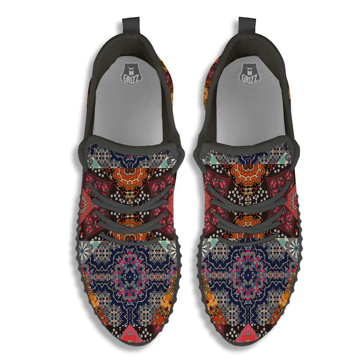 Patchwork Indian Flower Mandala Print Pattern Black Walking Shoes-grizzshop