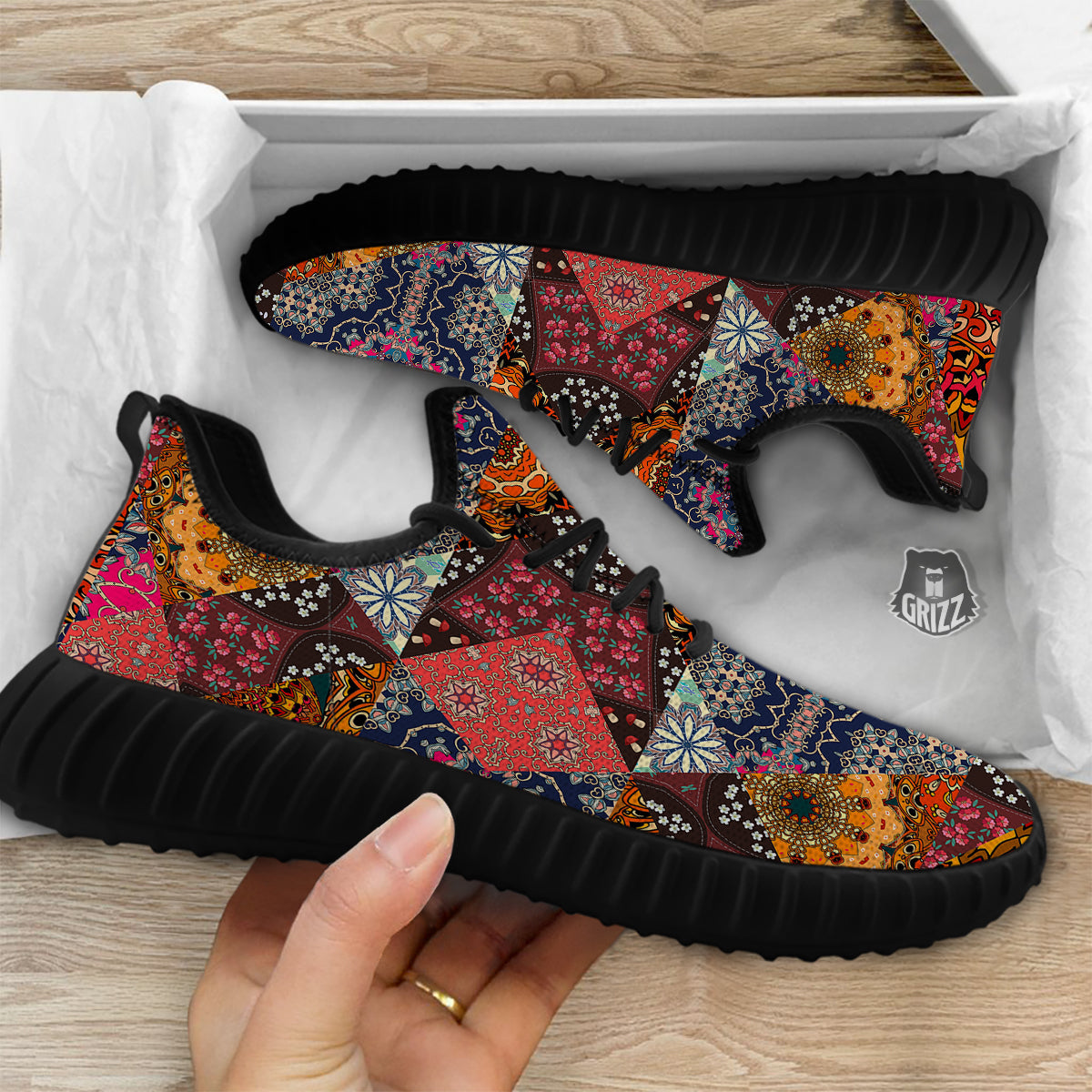 Patchwork Indian Flower Mandala Print Pattern Black Walking Shoes-grizzshop