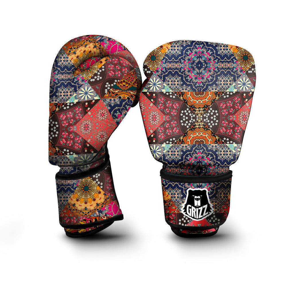 Patchwork Indian Flower Mandala Print Pattern Boxing Gloves-grizzshop