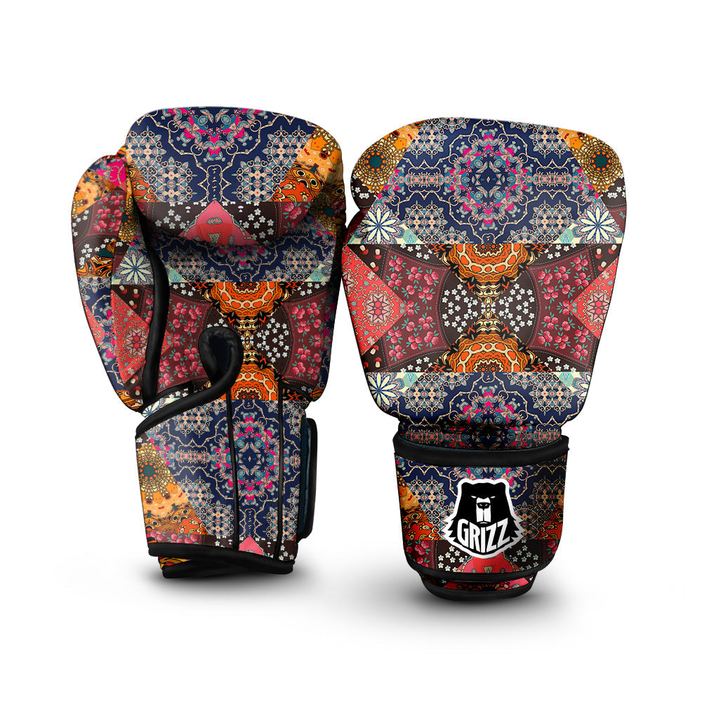 Patchwork Indian Flower Mandala Print Pattern Boxing Gloves-grizzshop