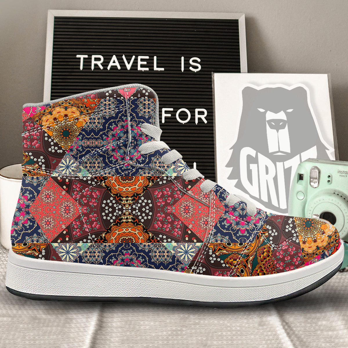 Patchwork Indian Flower Mandala Print Pattern High Top Sneakers-grizzshop