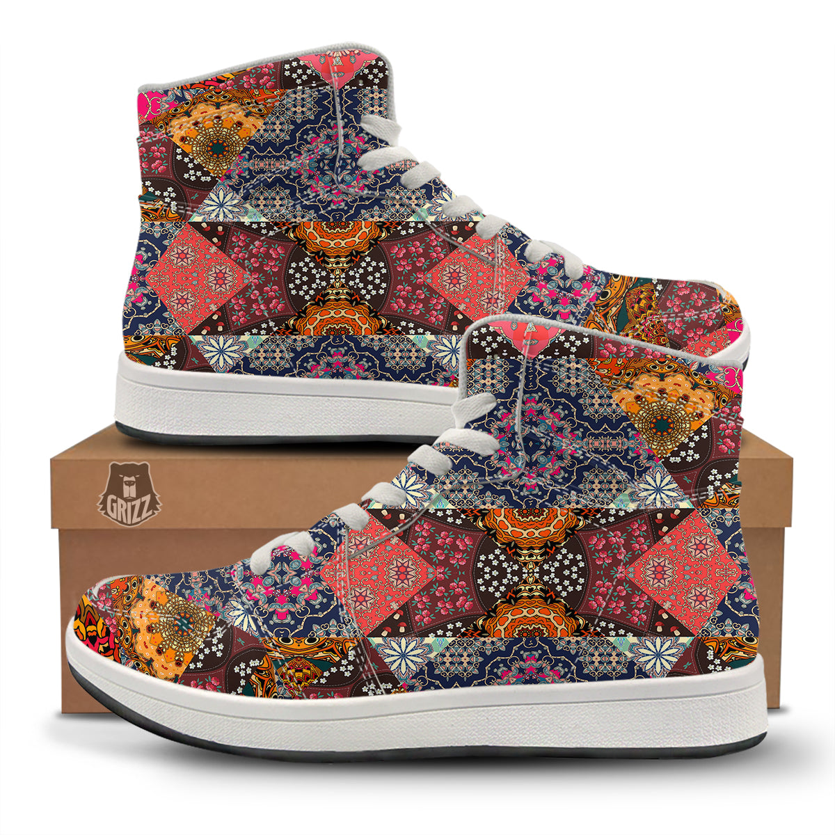 Patchwork Indian Flower Mandala Print Pattern High Top Sneakers-grizzshop