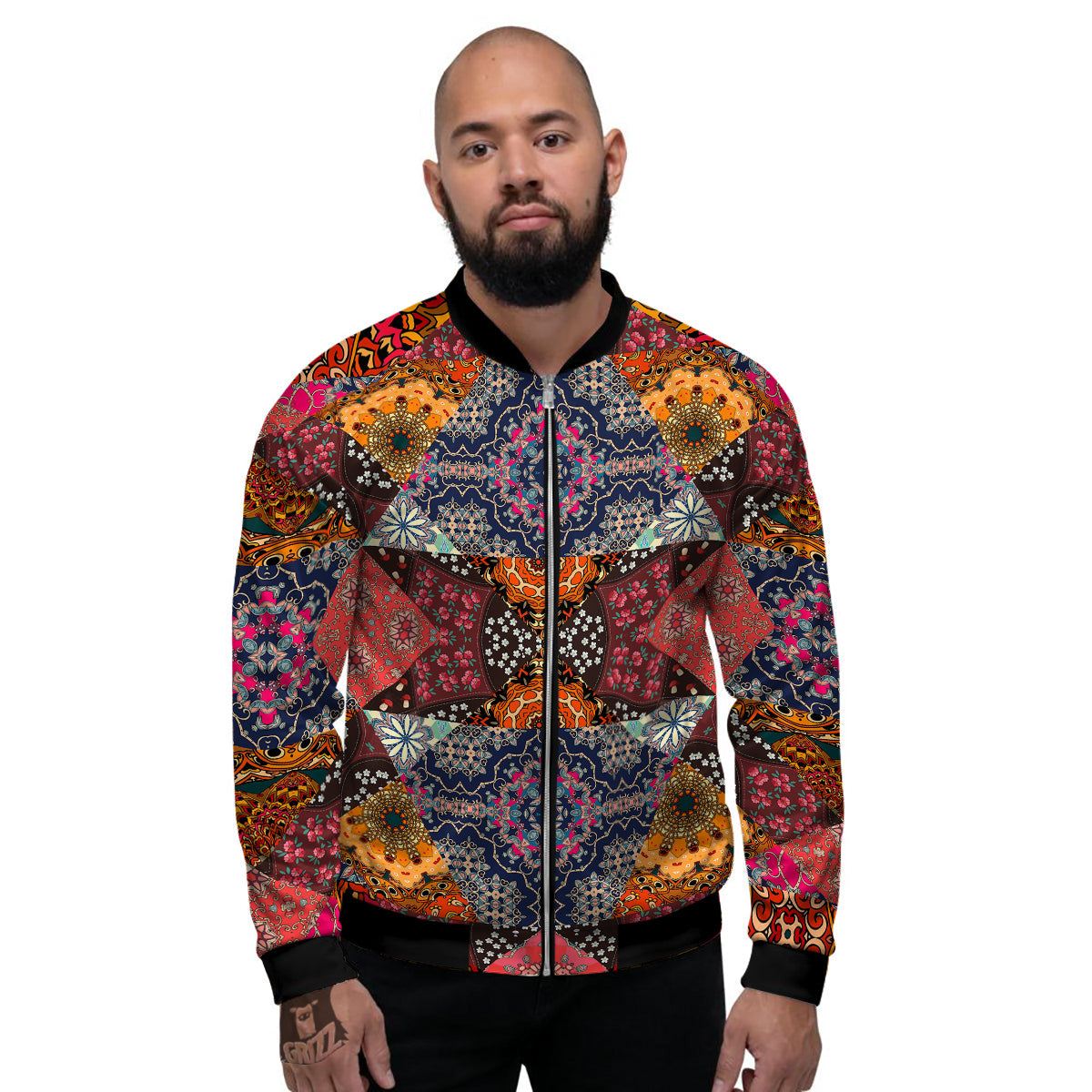 Patchwork Indian Flower Mandala Print Pattern Men's Bomber Jacket-grizzshop