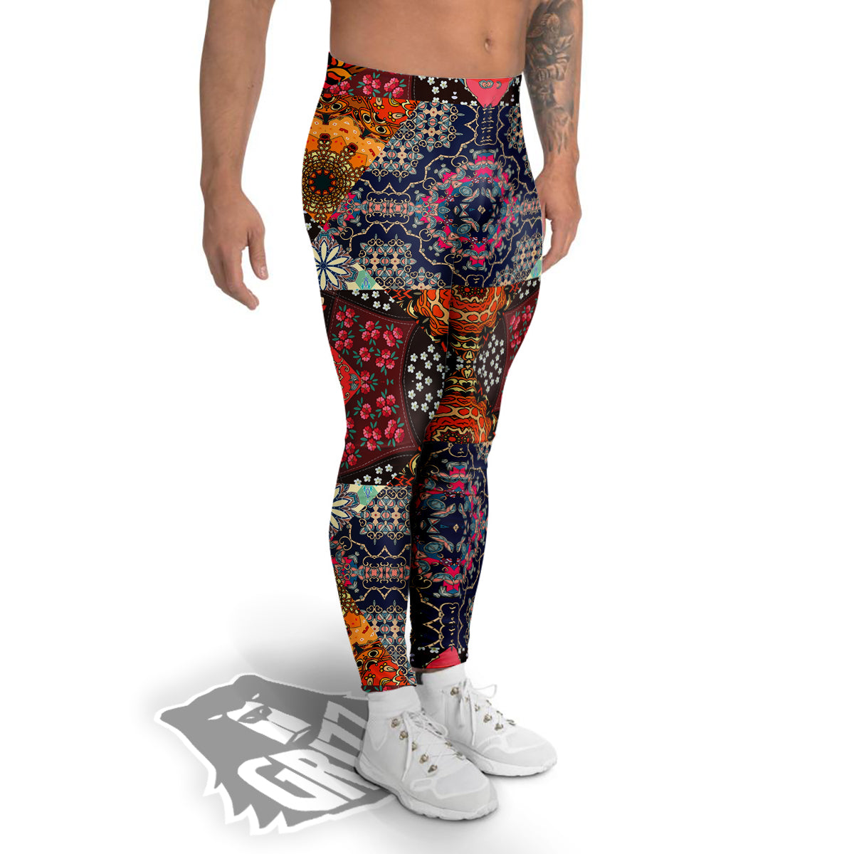 Patchwork Indian Flower Mandala Print Pattern Men's Leggings-grizzshop