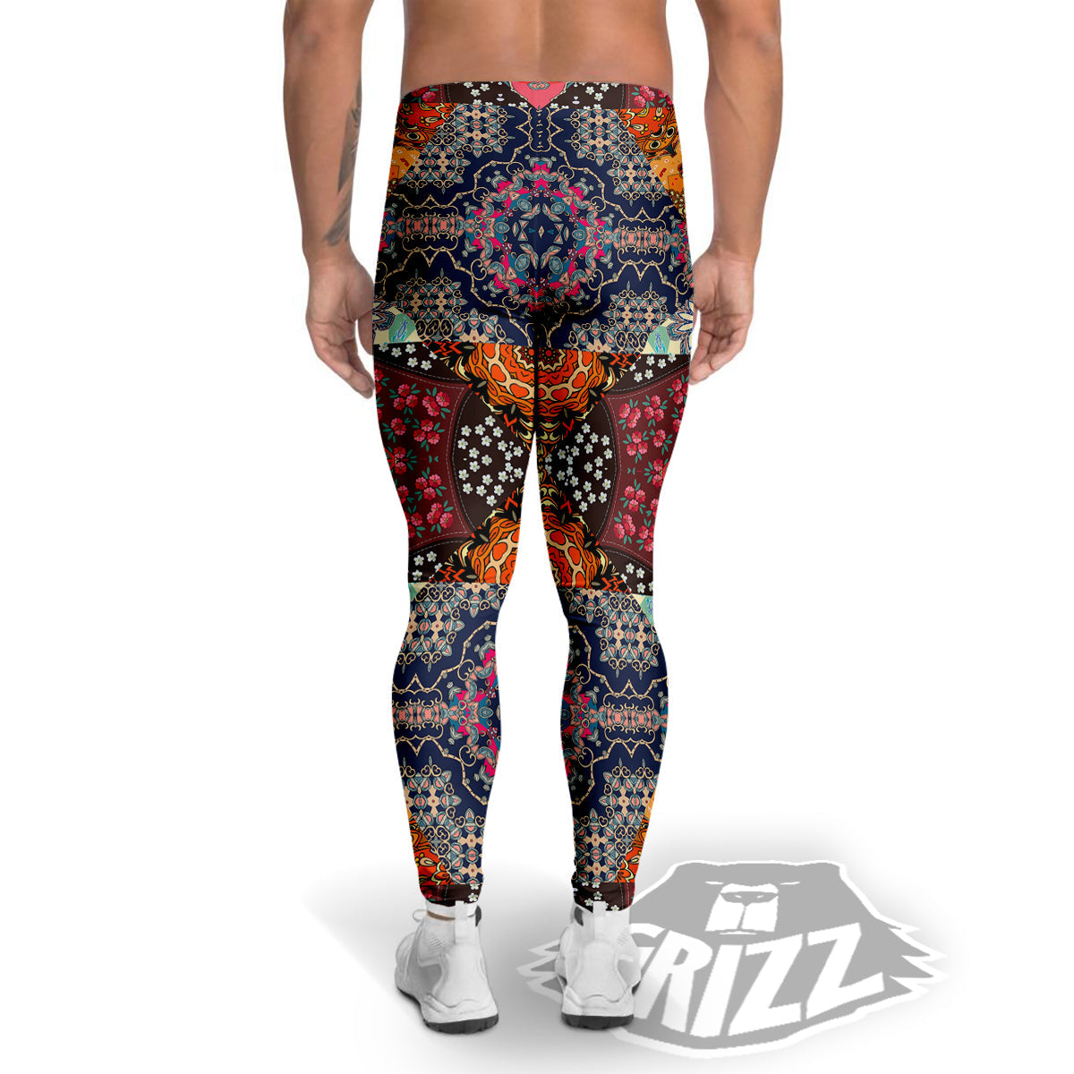 Patchwork Indian Flower Mandala Print Pattern Men's Leggings-grizzshop