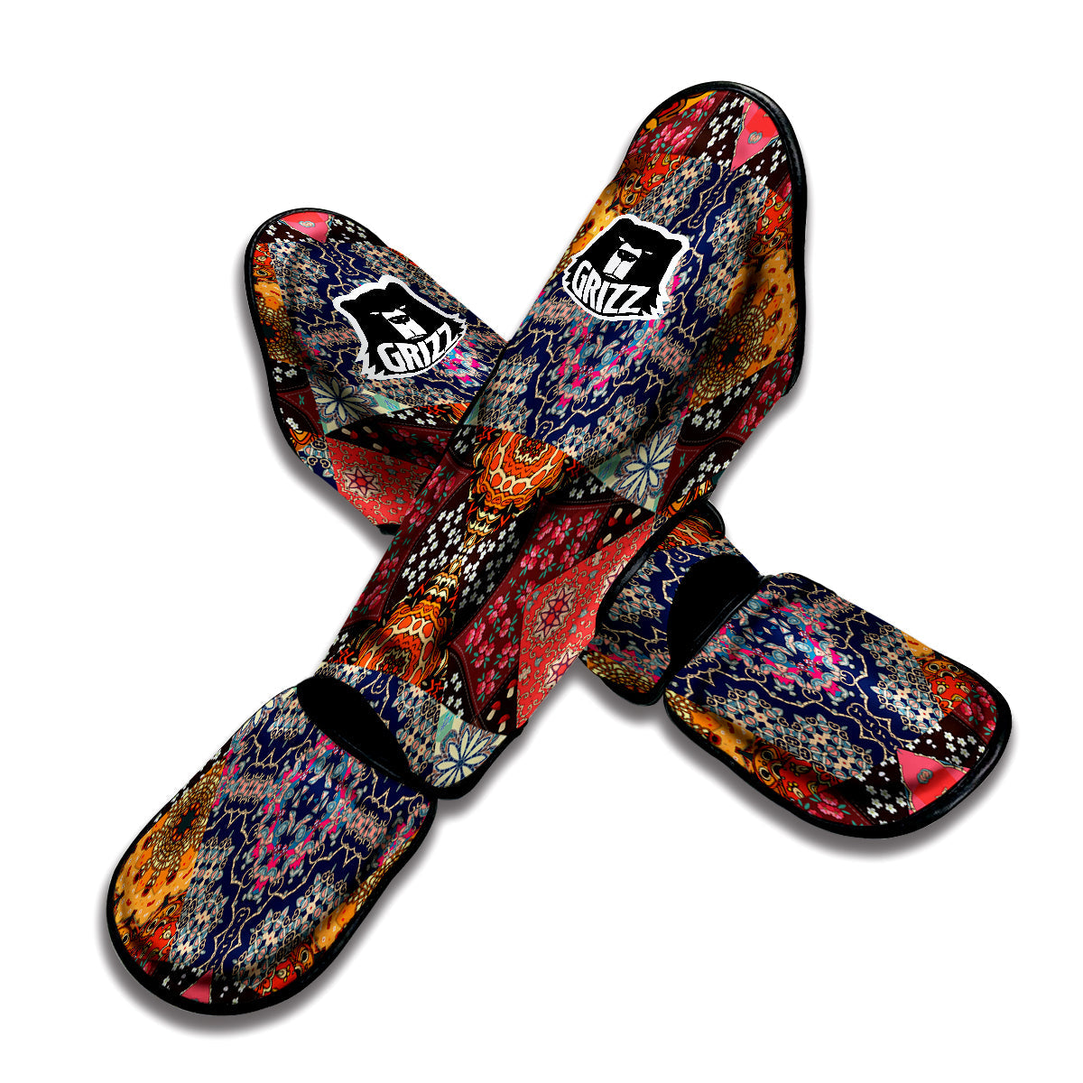 Patchwork Indian Flower Mandala Print Pattern Muay Thai Shin Guards-grizzshop