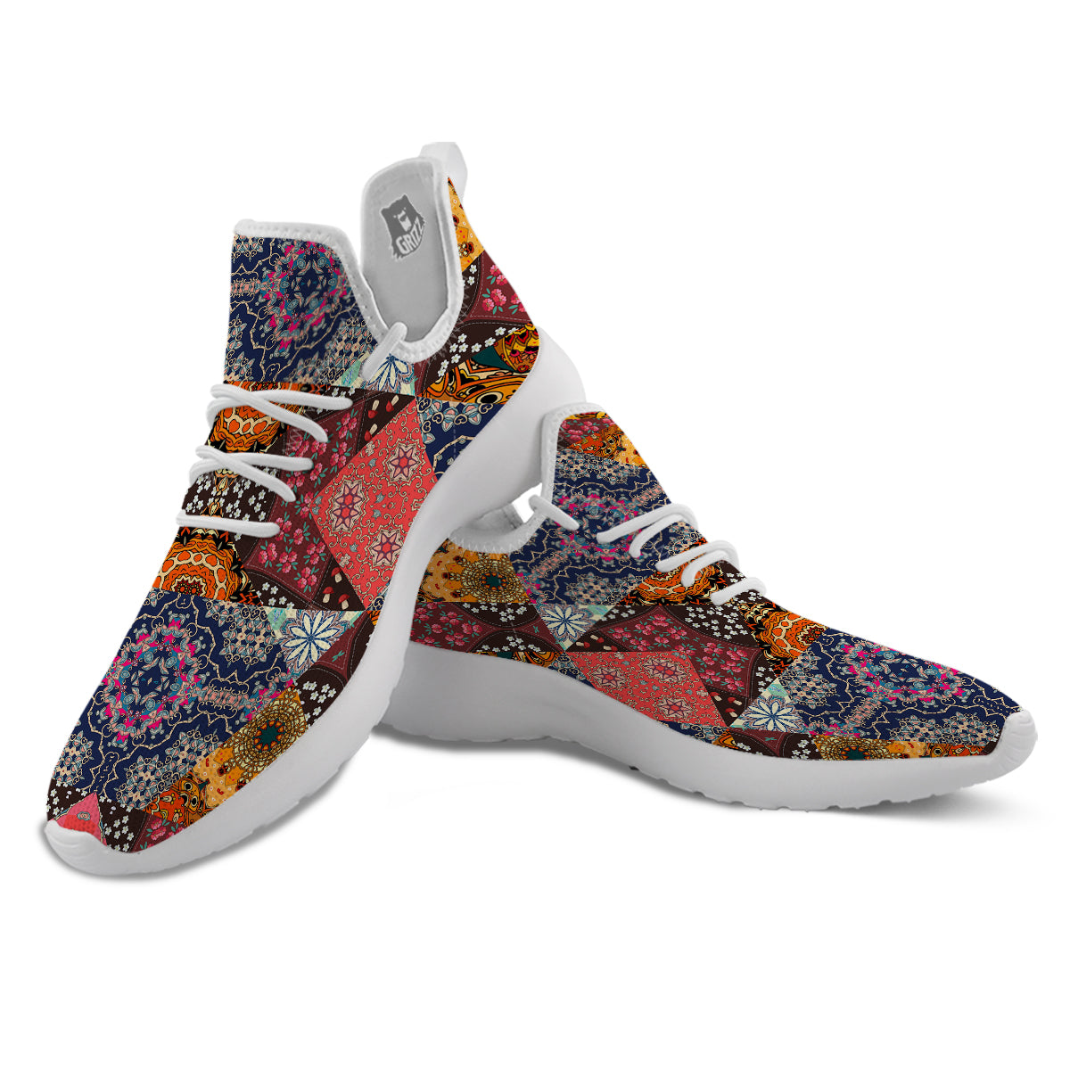 Patchwork Indian Flower Mandala Print Pattern White Athletic Shoes-grizzshop