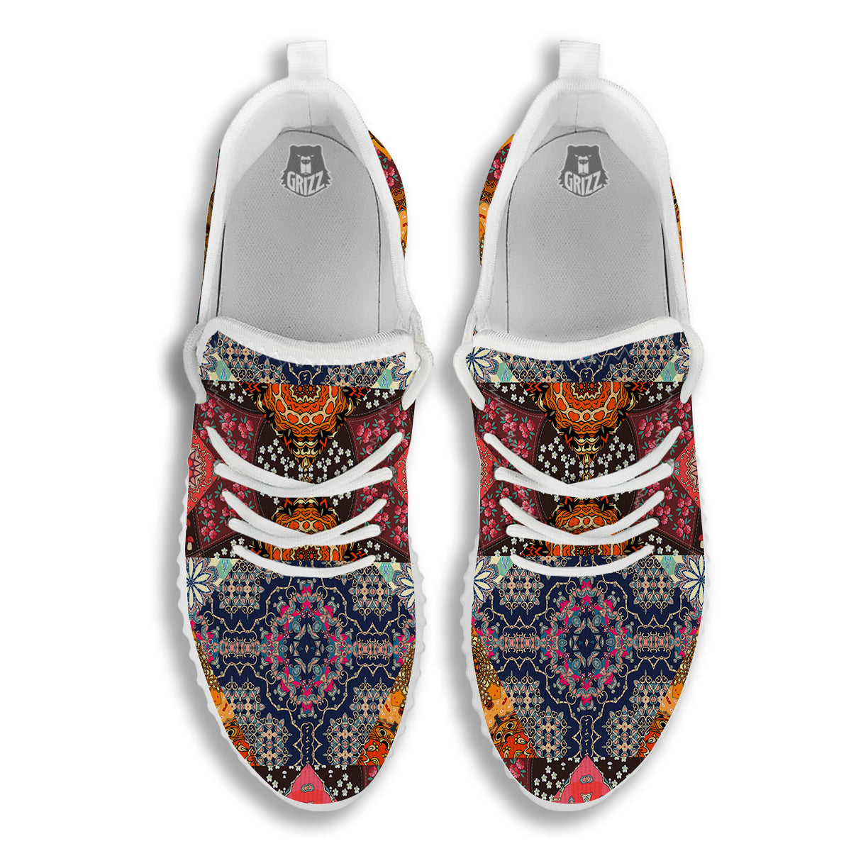 Patchwork Indian Flower Mandala Print Pattern White Walking Shoes-grizzshop