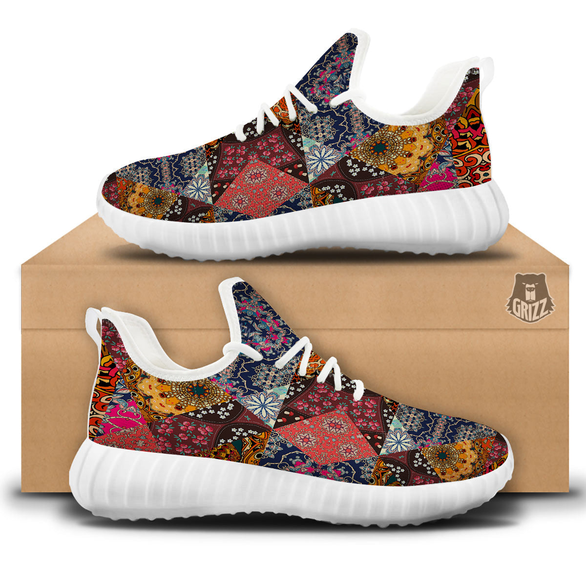 Patchwork Indian Flower Mandala Print Pattern White Walking Shoes-grizzshop