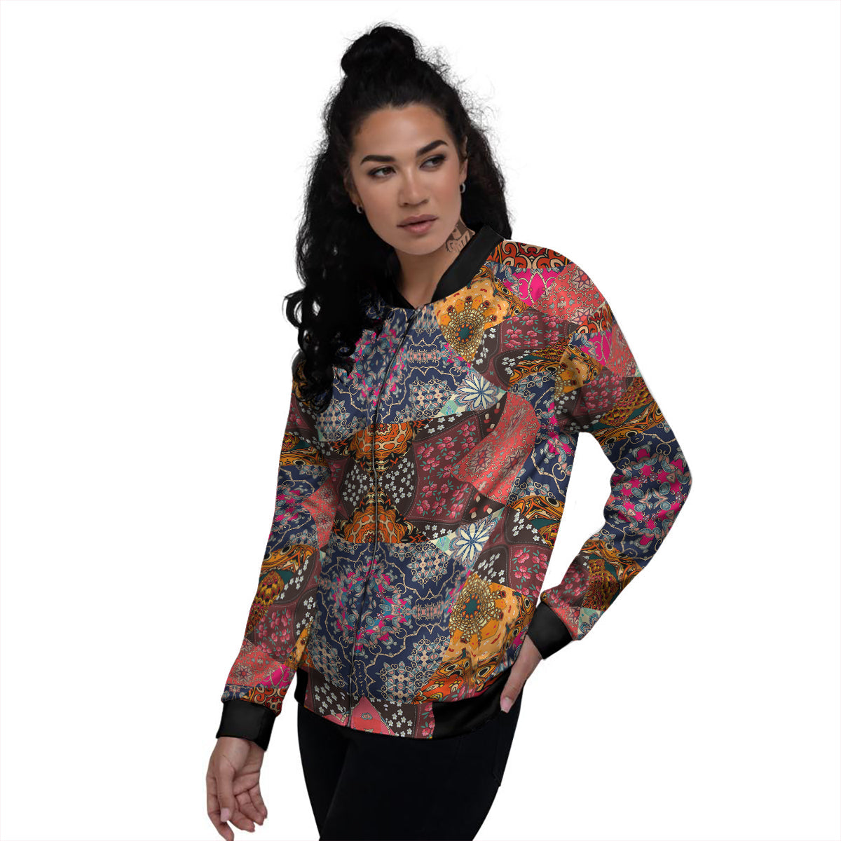 Patchwork Indian Flower Mandala Print Pattern Women's Bomber Jacket-grizzshop
