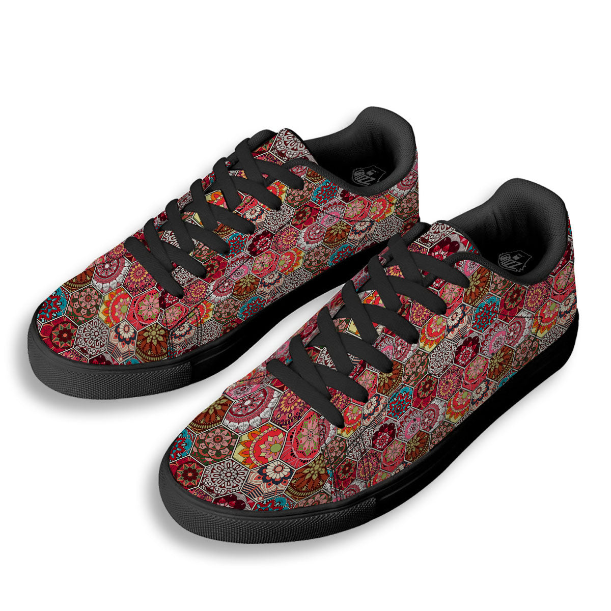 Patchwork Indian Print Pattern Black Low Top Sneakers-grizzshop