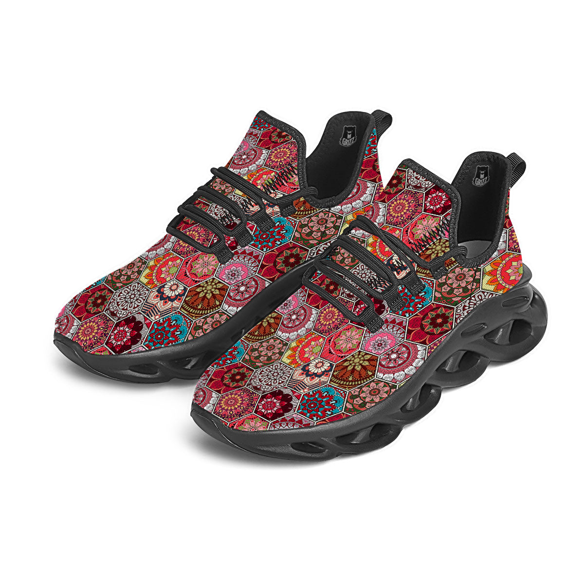 Patchwork Indian Print Pattern Black Running Shoes-grizzshop