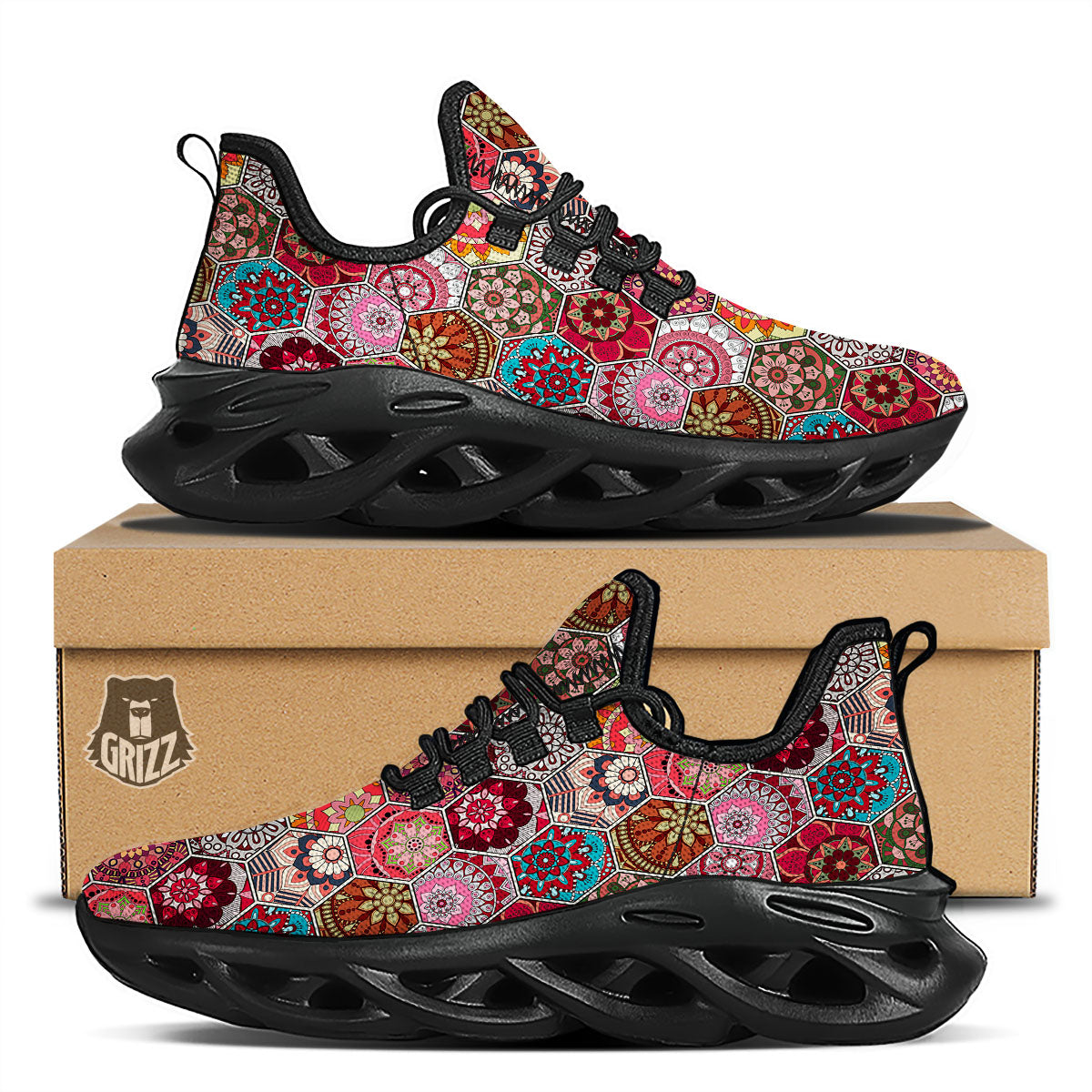Patchwork Indian Print Pattern Black Running Shoes-grizzshop
