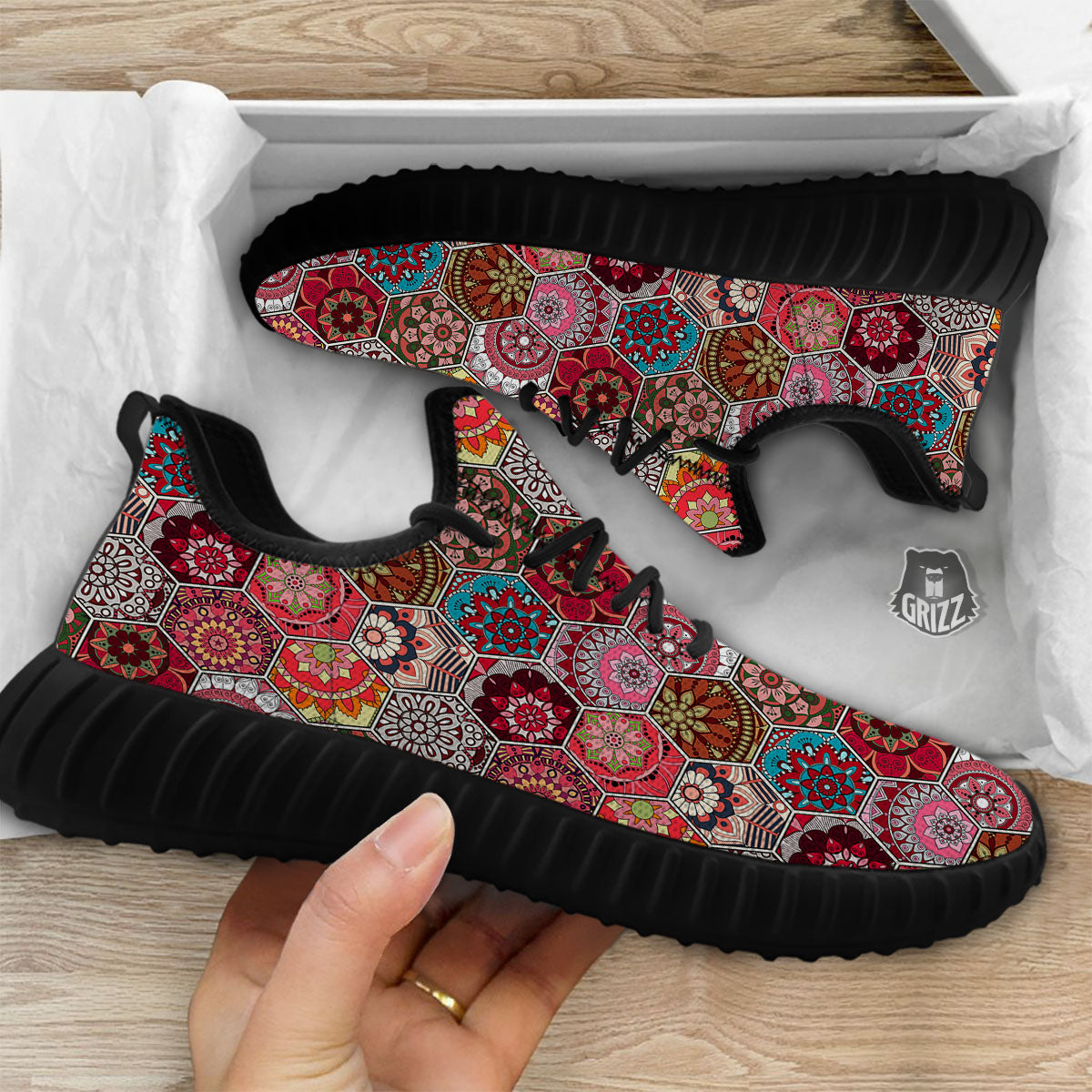 Patchwork Indian Print Pattern Black Walking Shoes-grizzshop