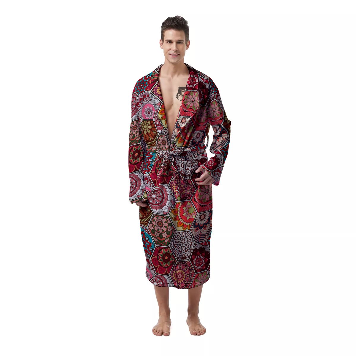 Patchwork Indian Print Pattern Men's Robe-grizzshop