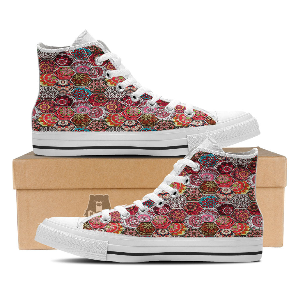 Patchwork Indian Print Pattern White High Top Shoes-grizzshop
