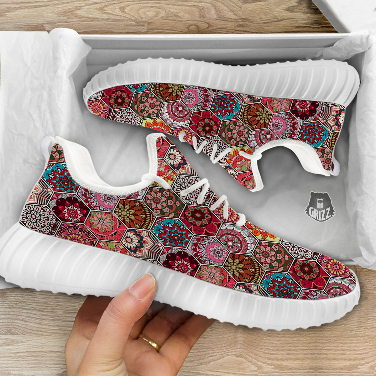 Patchwork Indian Print Pattern White Walking Shoes-grizzshop
