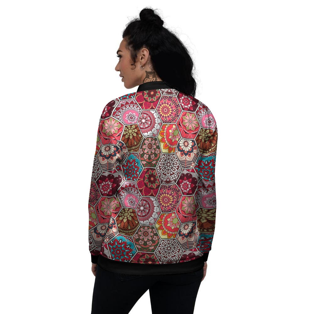 Patchwork Indian Print Pattern Women's Bomber Jacket-grizzshop