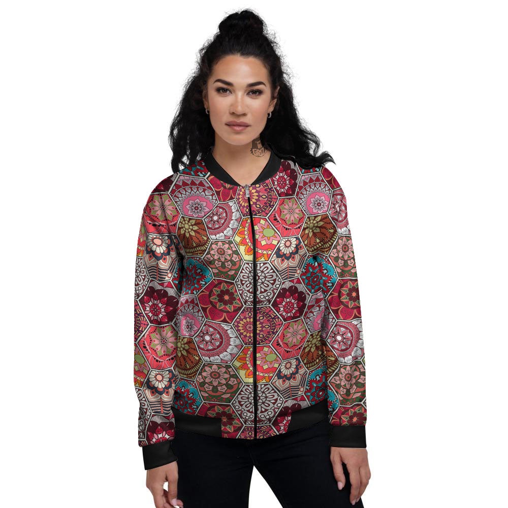 Patchwork Indian Print Pattern Women's Bomber Jacket-grizzshop